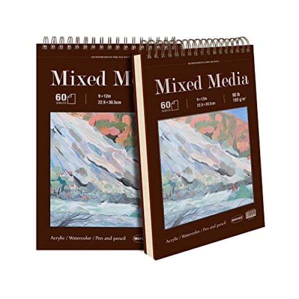 혼합 매체 스케치 패드, 9 x 12인치, 각 60매(98lb/160gsm), 2팩, 중량 도화지, 상단 나선형 제본 하드커버 스케치북, 습식 및 건식 매체, 드로잉, 페인팅용