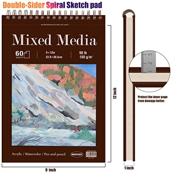 혼합 매체 스케치 패드, 9 x 12인치, 각 60매(98lb/160gsm), 2팩, 중량 도화지, 상단 나선형 제본 하드커버 스케치북, 습식 및 건식 매체, 드로잉, 페인팅용