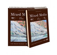 혼합 매체 스케치 패드, 9 x 12인치, 각 60매(98lb/160gsm), 2팩, 중량 도화지, 상단 나선형 제본 하드커버 스케치북, 습식 및 건식 매체, 드로잉, 페인팅용