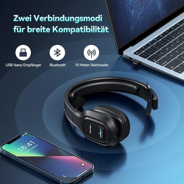 마이크가 있는 TECKNET 블루투스 헤드셋, 소음 감소 기능이 있는 PC 헤드셋, 무선 홈 오피스 헤드셋, 콜 센터용 블루투스 채팅 헤드셋, 휴대폰, 사무실, Zoom, Microsoft Team, Sk