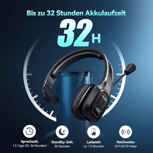 마이크가 있는 TECKNET 블루투스 헤드셋, 소음 감소 기능이 있는 PC 헤드셋, 무선 홈 오피스 헤드셋, 콜 센터용 블루투스 채팅 헤드셋, 휴대폰, 사무실, Zoom, Microsoft Team, Sk