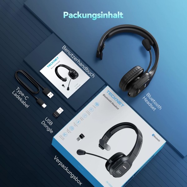 마이크가 있는 TECKNET 블루투스 헤드셋, 소음 감소 기능이 있는 PC 헤드셋, 무선 홈 오피스 헤드셋, 콜 센터용 블루투스 채팅 헤드셋, 휴대폰, 사무실, Zoom, Microsoft Team, Sk