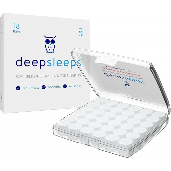 Deep Sleeps 수면용 실리콘 귀마개 - 18쌍 - 27dB - 수면용 귀마개 - 코골이 차단을 위한 최고의 귀마개 - 재사용 가능한 귀마개 - 부드럽고 성형 가능 - 소음 제거 귀마개