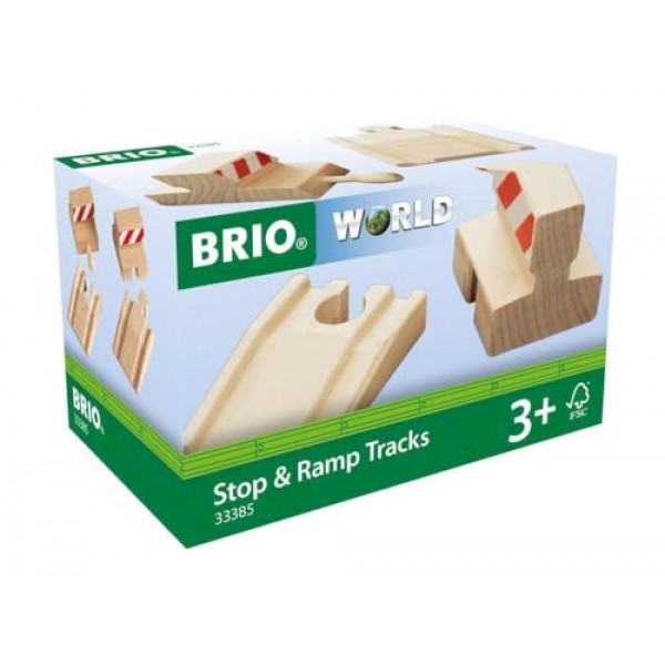 Brio World 33385 - 정지 및 경사로 트랙 - 3세 이상 어린이를 위한 4피스 나무 장난감 기차 액세서리