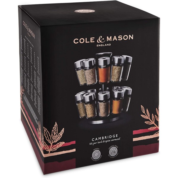 Cole & Mason H121809 Cambridge Spice Rack with 20 Jars, 360 Spice Carousel/Standing Spice Rack, 스테인리스 스틸/유리, 향신료/허브 포함, 2년 보증 20 Jars