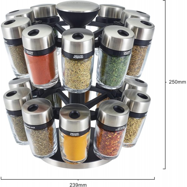 Cole & Mason H121809 Cambridge Spice Rack with 20 Jars, 360 Spice Carousel/Standing Spice Rack, 스테인리스 스틸/유리, 향신료/허브 포함, 2년 보증 20 Jars
