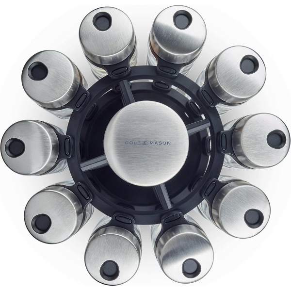 Cole & Mason H121809 Cambridge Spice Rack with 20 Jars, 360 Spice Carousel/Standing Spice Rack, 스테인리스 스틸/유리, 향신료/허브 포함, 2년 보증 20 Jars