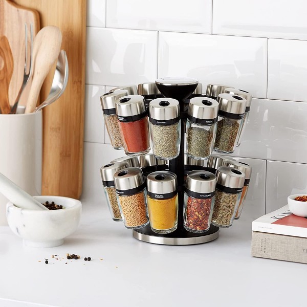 Cole & Mason H121809 Cambridge Spice Rack with 20 Jars, 360 Spice Carousel/Standing Spice Rack, 스테인리스 스틸/유리, 향신료/허브 포함, 2년 보증 20 Jars