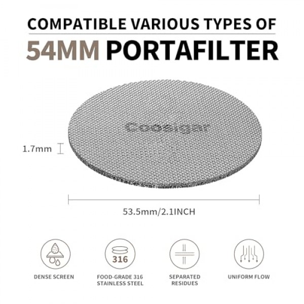 Coosigar 53.3mm 에스프레소 퍽 스크린, 1.7mm 150μm 커피 재사용 가능한 전문 바리스트 에스프레소 스크린, 54mm 바닥 없는 포터필터 필터 바구니 - 316 스테인레스 스틸로 제