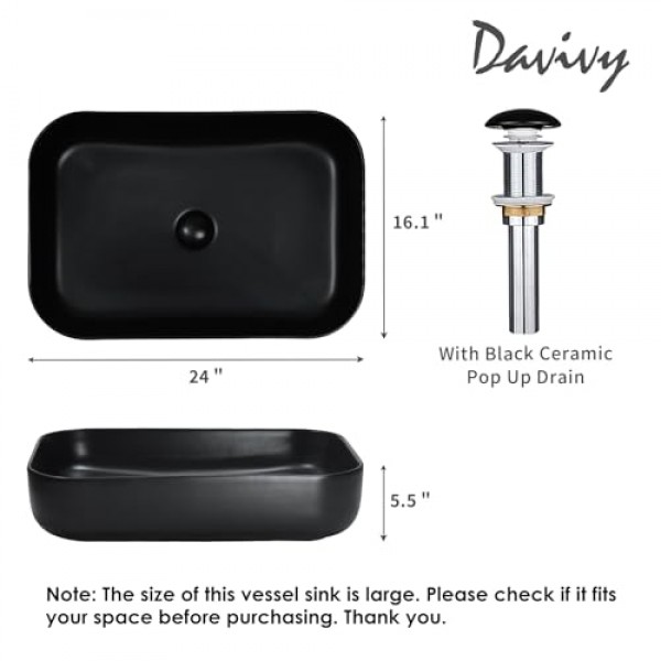 Davivy 24'' X 15.6'' 팝업 배수구가 있는 무광 검정색 세면대, 직사각형 욕실 세면대, 카운터 위 욕실 세면대, 카운터 탑 싱크대, 욕실용 검정색 직사각형 세면대