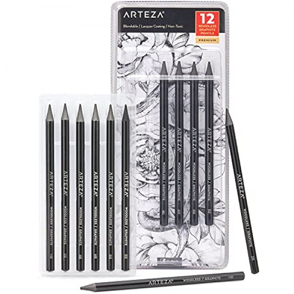 Arteza Woodless 흑연 연필, 12개 세트, HB, 2B, 4B, 6B, 8B 및 EE, 검정색 드로잉 연필, 음영 및 스케치용 미술 용품
