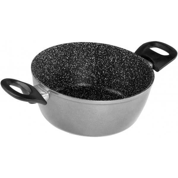 STONELINE® Primo 캐서롤 20 cm, 유리 뚜껑 포함, 오일 및 무지방 튀김용, 실제 돌 입자로 긁힘 방지 논스틱 코팅, 인덕션에 적합(20 cm) 20 cm 회색