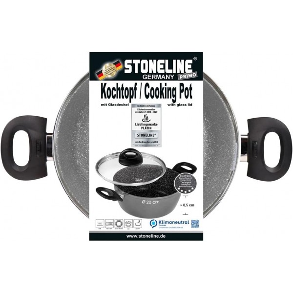 STONELINE® Primo 캐서롤 20 cm, 유리 뚜껑 포함, 오일 및 무지방 튀김용, 실제 돌 입자로 긁힘 방지 논스틱 코팅, 인덕션에 적합(20 cm) 20 cm 회색
