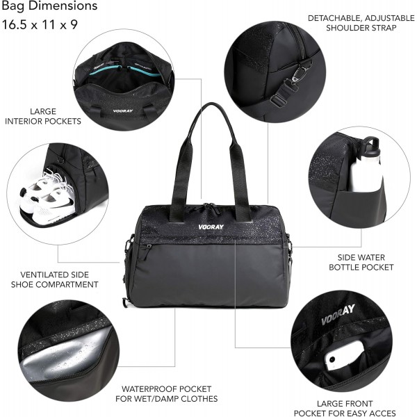 Vooray Trainer Duffel - 42cm./ 25L 스포츠 백, 신발 수납칸 및 드라이 수납칸 포함 Black Foil