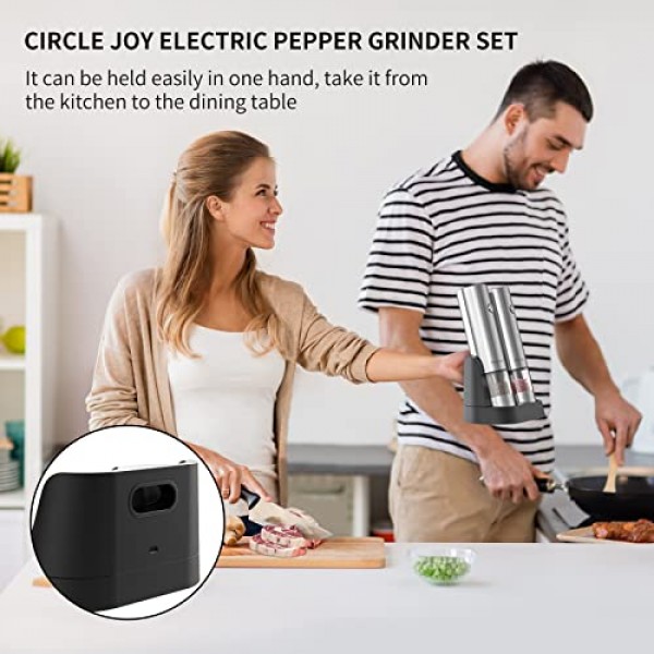 CIRCLE JOY 전기 소금 및 후추 분쇄기 세트 스테인레스 스틸 향신료 분쇄기 휴대가 간편한 이중 충전 스테이션, 흰색 LED 조명 및 조정 가능한 거친 정도가 포함된 자동 고
