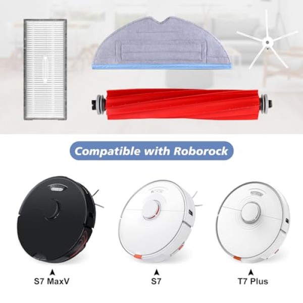 24팩 S7 액세서리 키트, Roborock S7, S7+, S7 MaxV, S7 MaxV Plus와 호환 가능, 교체 부품에는 메인 브러시 2개, 걸레 천 4개, 필터 6개, 측면 브러시 10개, 청소 도구 2개, 흰색 포함