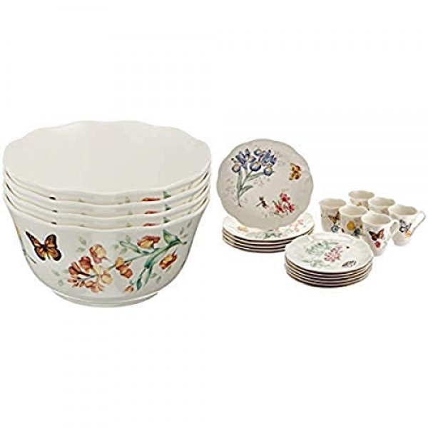 레녹스 856406 Butterfly Meadow 멜라민 다용도 그릇, 16온스, 흰색 및 Butterfly Meadow 18피스 식기 세트, 6인용 서비스, 흰색