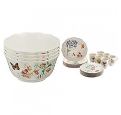 레녹스 856406 Butterfly Meadow 멜라민 다용도 그릇, 16온스, 흰색 및 Butterfly Meadow 18피스 식기 세트, 6인용 서비스, 흰색