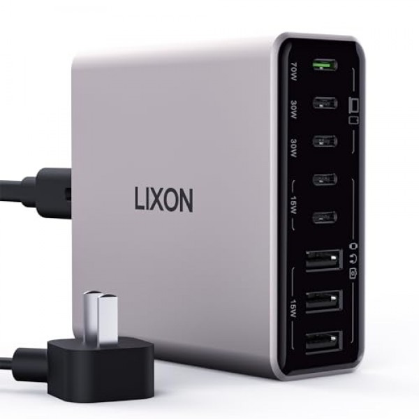 USB C 충전 스테이션, 200W 8포트 GaN 고속 벽면 충전기 블록, 단일 70W 듀얼 30W, PD QC PPS, MacBook Pro/Air, iPad, iPhone, Dell XPS, Samsung Galaxy, 티타늄(회색)용 65W 노트북 어댑터