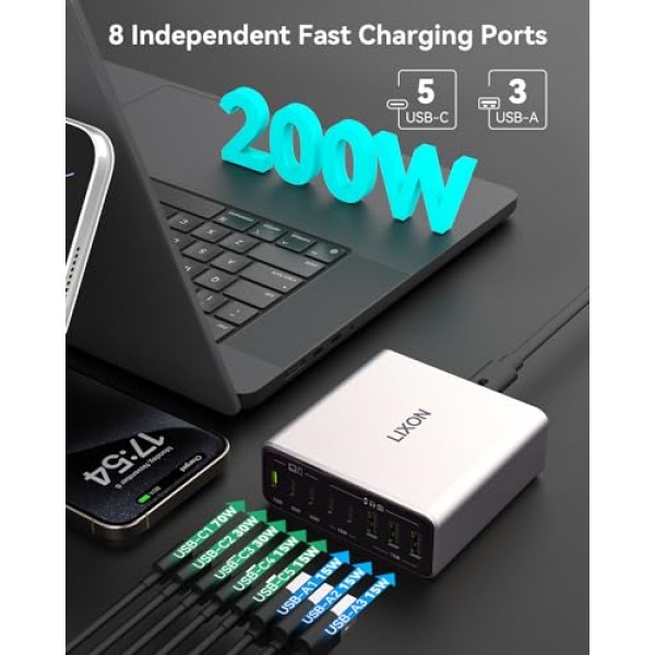 USB C 충전 스테이션, 200W 8포트 GaN 고속 벽면 충전기 블록, 단일 70W 듀얼 30W, PD QC PPS, MacBook Pro/Air, iPad, iPhone, Dell XPS, Samsung Galaxy, 티타늄(회색)용 65W 노트북 어댑터