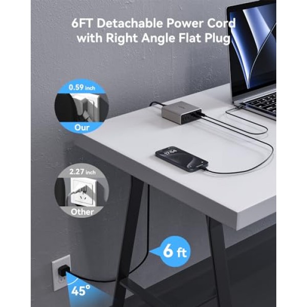 USB C 충전 스테이션, 200W 8포트 GaN 고속 벽면 충전기 블록, 단일 70W 듀얼 30W, PD QC PPS, MacBook Pro/Air, iPad, iPhone, Dell XPS, Samsung Galaxy, 티타늄(회색)용 65W 노트북 어댑터