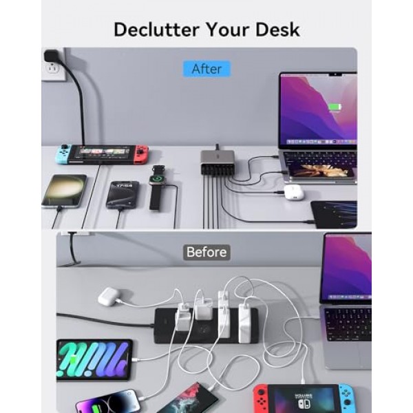 USB C 충전 스테이션, 200W 8포트 GaN 고속 벽면 충전기 블록, 단일 70W 듀얼 30W, PD QC PPS, MacBook Pro/Air, iPad, iPhone, Dell XPS, Samsung Galaxy, 티타늄(회색)용 65W 노트북 어댑터