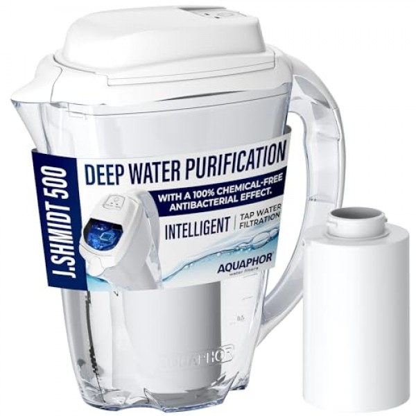 Nakii by Aquaphor 정수 필터 투수, Aqualen 0.1 미크론 여과 기술, 고급 수돗물 여과, BPA 프리 내구성 트라이탄 플렉시 유리, 스마트 필터 경고, 12컵, 필터 카트리지 1개