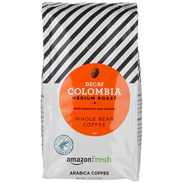 Amazon Fresh Decaf 콜롬비아 홀빈 커피, 미디엄 로스트, 12온스