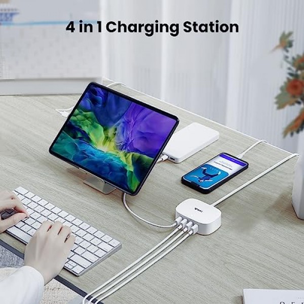 USB 충전 스테이션 - 6피트 연장 코드가 포함된 4 in 1 USB 충전기, Apple iPhone, 삼성, 태블릿, 크루즈 선박, 여행, 가정, 사무실, UL 인증용 USB 멀티포트 충전기