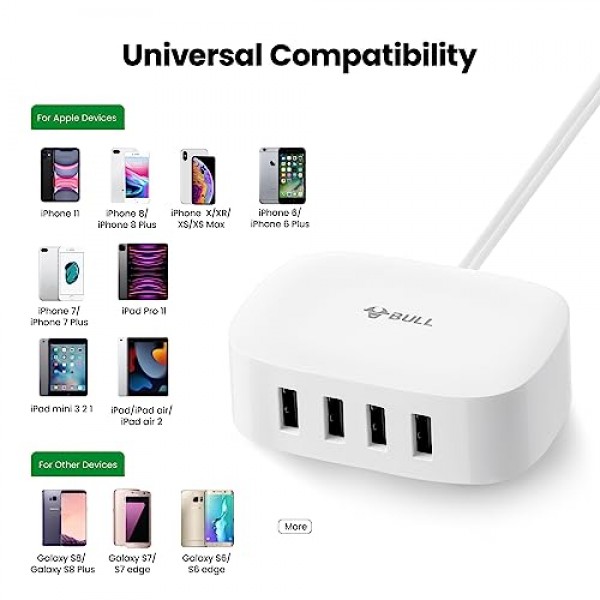 USB 충전 스테이션 - 6피트 연장 코드가 포함된 4 in 1 USB 충전기, Apple iPhone, 삼성, 태블릿, 크루즈 선박, 여행, 가정, 사무실, UL 인증용 USB 멀티포트 충전기