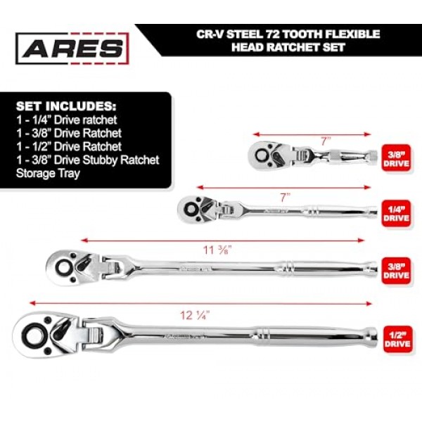 ARES 42040 - 플렉스 헤드 래칫 세트 - 4피스 72톱니 래칫 - 프리미엄 크롬 바나듐 강철 구조 및 크롬 도금 마감 - 5도 스윙이 가능한 퀵 릴리스 양면 디자인