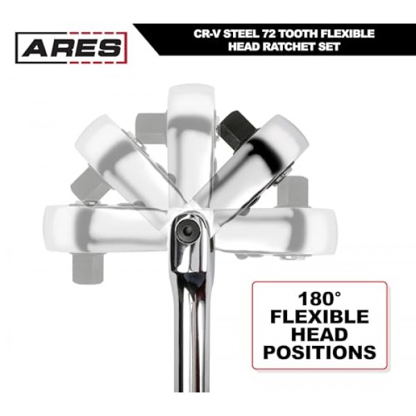 ARES 42040 - 플렉스 헤드 래칫 세트 - 4피스 72톱니 래칫 - 프리미엄 크롬 바나듐 강철 구조 및 크롬 도금 마감 - 5도 스윙이 가능한 퀵 릴리스 양면 디자인