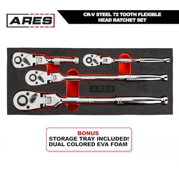 ARES 42040 - 플렉스 헤드 래칫 세트 - 4피스 72톱니 래칫 - 프리미엄 크롬 바나듐 강철 구조 및 크롬 도금 마감 - 5도 스윙이 가능한 퀵 릴리스 양면 디자인