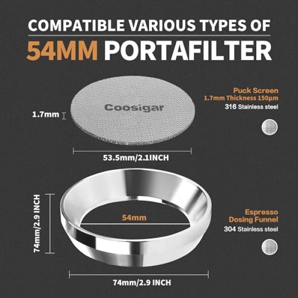54mm 에스프레소 도징 깔때기 및 퍽 스크린 세트, 54mm Breville Portafilter와 호환되는 스테인레스 스틸 커피 도징 링. 재사용 가능한 1.7mm 두께 에스프레소 퍽 스크린(스테인