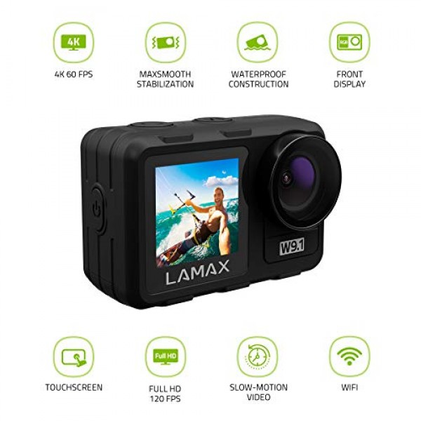 LAMAX W9.1 REAL 4K 60fps 액션 캠(안정화 기능 포함), 수중 카메라, 듀얼 디스플레이 및 21개 액세서리가 포함된 캠코더, Wi-Fi, 슬로우 모션.