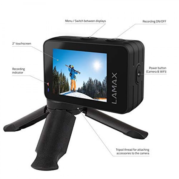 LAMAX W9.1 REAL 4K 60fps 액션 캠(안정화 기능 포함), 수중 카메라, 듀얼 디스플레이 및 21개 액세서리가 포함된 캠코더, Wi-Fi, 슬로우 모션.