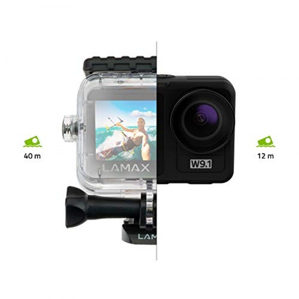 LAMAX W9.1 REAL 4K 60fps 액션 캠(안정화 기능 포함), 수중 카메라, 듀얼 디스플레이 및 21개 액세서리가 포함된 캠코더, Wi-Fi, 슬로우 모션.
