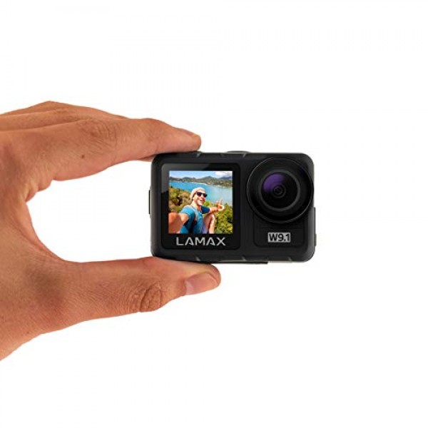 LAMAX W9.1 REAL 4K 60fps 액션 캠(안정화 기능 포함), 수중 카메라, 듀얼 디스플레이 및 21개 액세서리가 포함된 캠코더, Wi-Fi, 슬로우 모션.