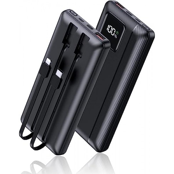 보조 배터리 휴대용 충전기 - 16000mAh 보조 배터리 지원 PD 30W 및 QC4.0 고속 충전기(내장형 2 출력 케이블, iPhone 및 Android 휴대폰 및 대부분의 전자 장치용 LED 디스플레이 
