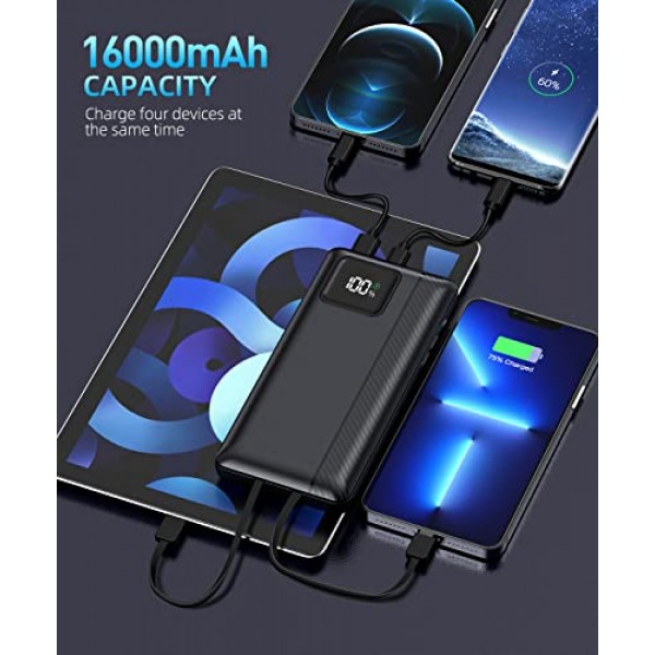 보조 배터리 휴대용 충전기 - 16000mAh 보조 배터리 지원 PD 30W 및 QC4.0 고속 충전기(내장형 2 출력 케이블, iPhone 및 Android 휴대폰 및 대부분의 전자 장치용 LED 디스플레이 