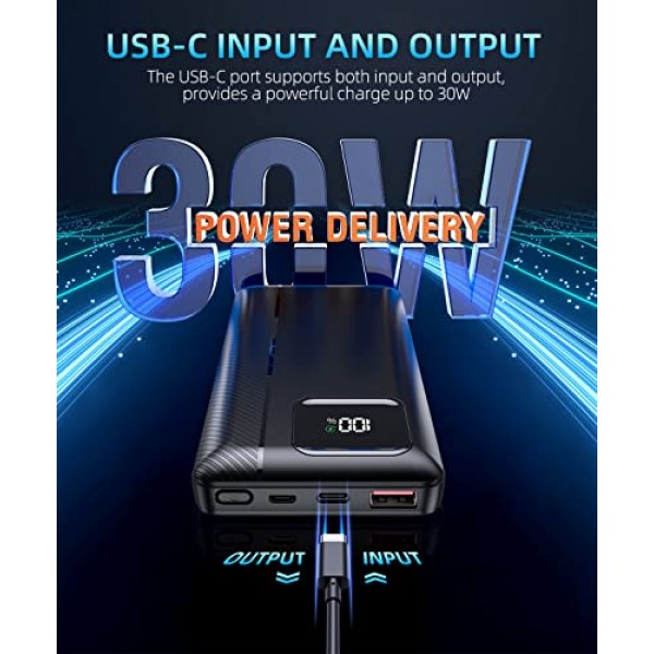 보조 배터리 휴대용 충전기 - 16000mAh 보조 배터리 지원 PD 30W 및 QC4.0 고속 충전기(내장형 2 출력 케이블, iPhone 및 Android 휴대폰 및 대부분의 전자 장치용 LED 디스플레이 