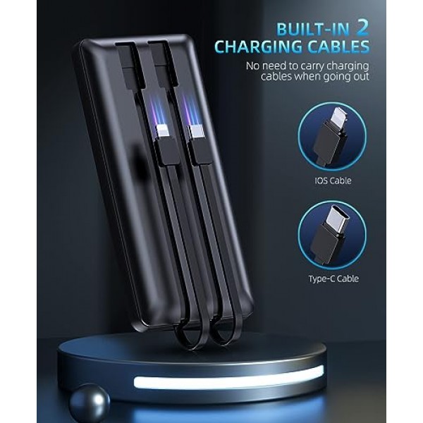 보조 배터리 휴대용 충전기 - 16000mAh 보조 배터리 지원 PD 30W 및 QC4.0 고속 충전기(내장형 2 출력 케이블, iPhone 및 Android 휴대폰 및 대부분의 전자 장치용 LED 디스플레이 