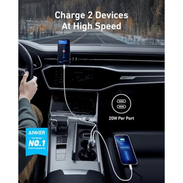 Anker USB C 차량용 충전기, 40W 2포트 PowerIQ 3.0 Type C 어댑터, iPhone 14 13 12 11 X XS Pro Max mini, Galaxy S22/S20/S10, Pixel, iPad/iPad mini 등을 위한 전원 공급 기능이 있는 PowerDrive III Duo