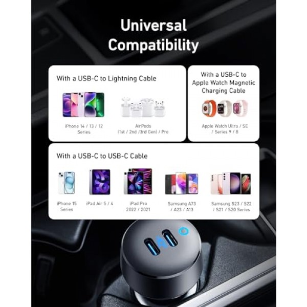 Anker USB C 차량용 충전기, 40W 2포트 PowerIQ 3.0 Type C 어댑터, iPhone 14 13 12 11 X XS Pro Max mini, Galaxy S22/S20/S10, Pixel, iPad/iPad mini 등을 위한 전원 공급 기능이 있는 PowerDrive III Duo