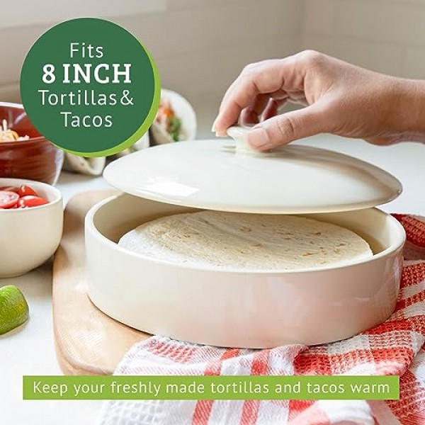 Chef Tacos 세라믹 토르티야 워머, 전자레인지용, 토르티야 홀더 용기, 팬케이크 보관함, 보관에 가장 적합 토르티야, 뚜껑 포함(8인치, 크림)