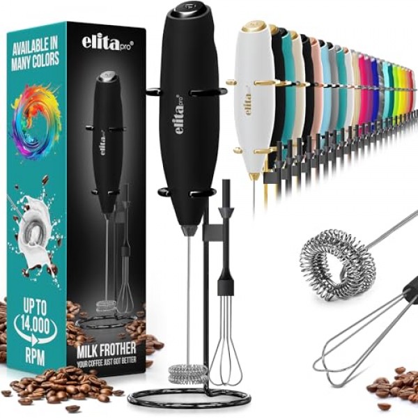 ELITAPRO 우유 거품기 완드 - 초고속 더블 거품기 거품기 - 19,000RPM 음료 믹서(계란 비터 포함) - 카푸치노, 라떼, 핫 초콜릿용 분리형 우유 거품기 - 블랙