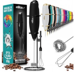 ELITAPRO 우유 거품기 완드 - 초고속 더블 거품기 거품기 - 19,000RPM 음료 믹서(계란 비터 포함) - 카푸치노, 라떼, 핫 초콜릿용 분리형 우유 거품기 - 블랙