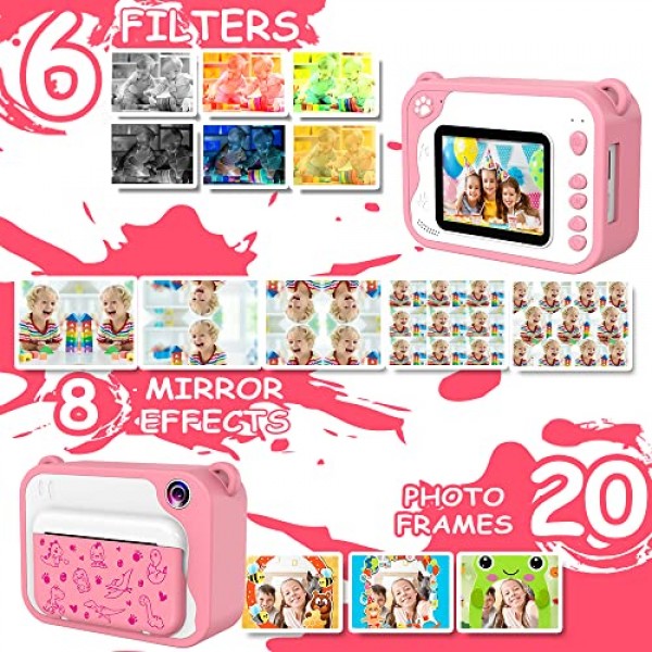 어린이를 위한 USHINING 카메라 즉석 인쇄, 12MP 즉석 어린이 카메라 잉크 프리 인쇄 디지털 카메라(32GB SD 카드, 컬러 펜, 인쇄 용지 포함) 3-12세 어린이용 크리스마스 생일