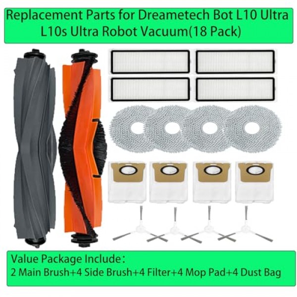 Dreametech Bot L10 Ultra / L10s Ultra 로봇 진공청소기 교체용 예비 부품 2 메인 브러시 4 사이드 브러시 4 필터 4 걸레 패드 4 먼지봉투 액세서리(18팩)