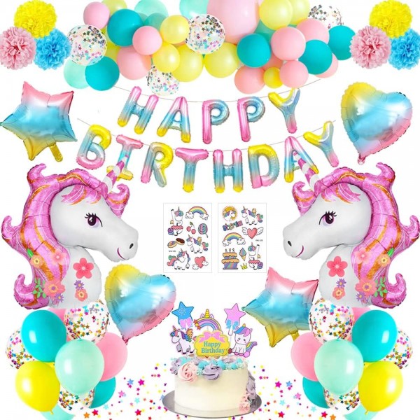 유니콘 생일 장식, 소녀를위한 유니콘 파티 장식, 3D 유니콘 풍선 생일 축하 배너 라텍스 색종이 풍선 케이크 토퍼 호일 풍선 1st 2nd 3rd 5th 6th Girls Baby Birthday